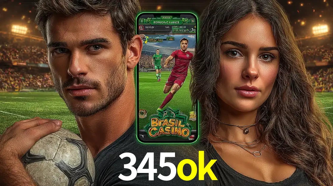 Homem segurando uma bola de futebol e uma mulher ao lado de um smartphone exibindo o jogo de apostas esportivas da 345ok. Faça seu palpite no cassino online.